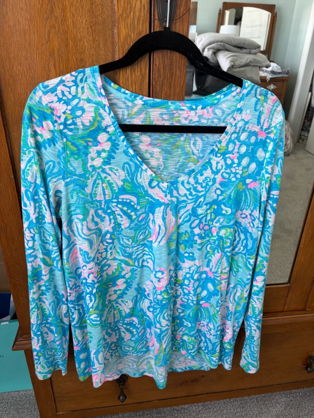 Lilly Pulitzer V Neck Long Sleeve Floral Wave Print Top - Blue Multi